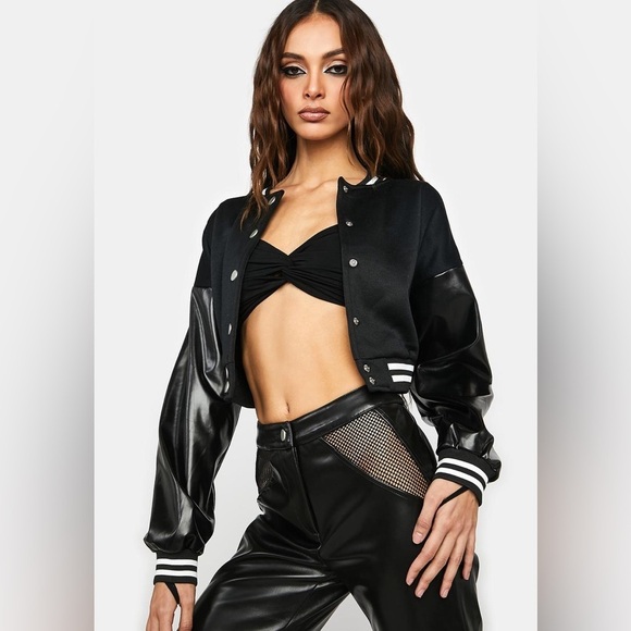 NWOT Fashion Nova Cropped Varsity Jacket Black Faux Leather Sleeve Sz Small Y2K - Picture 8 of 13